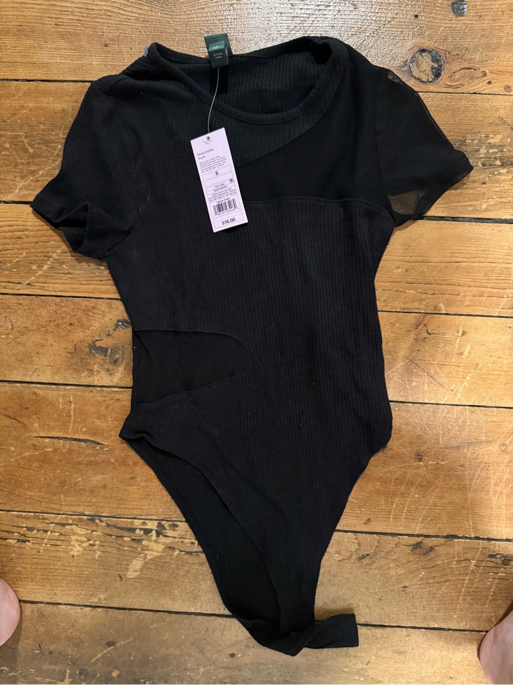 wild fable Black Ribbed Short-Sleeve Cutout Bodysuit